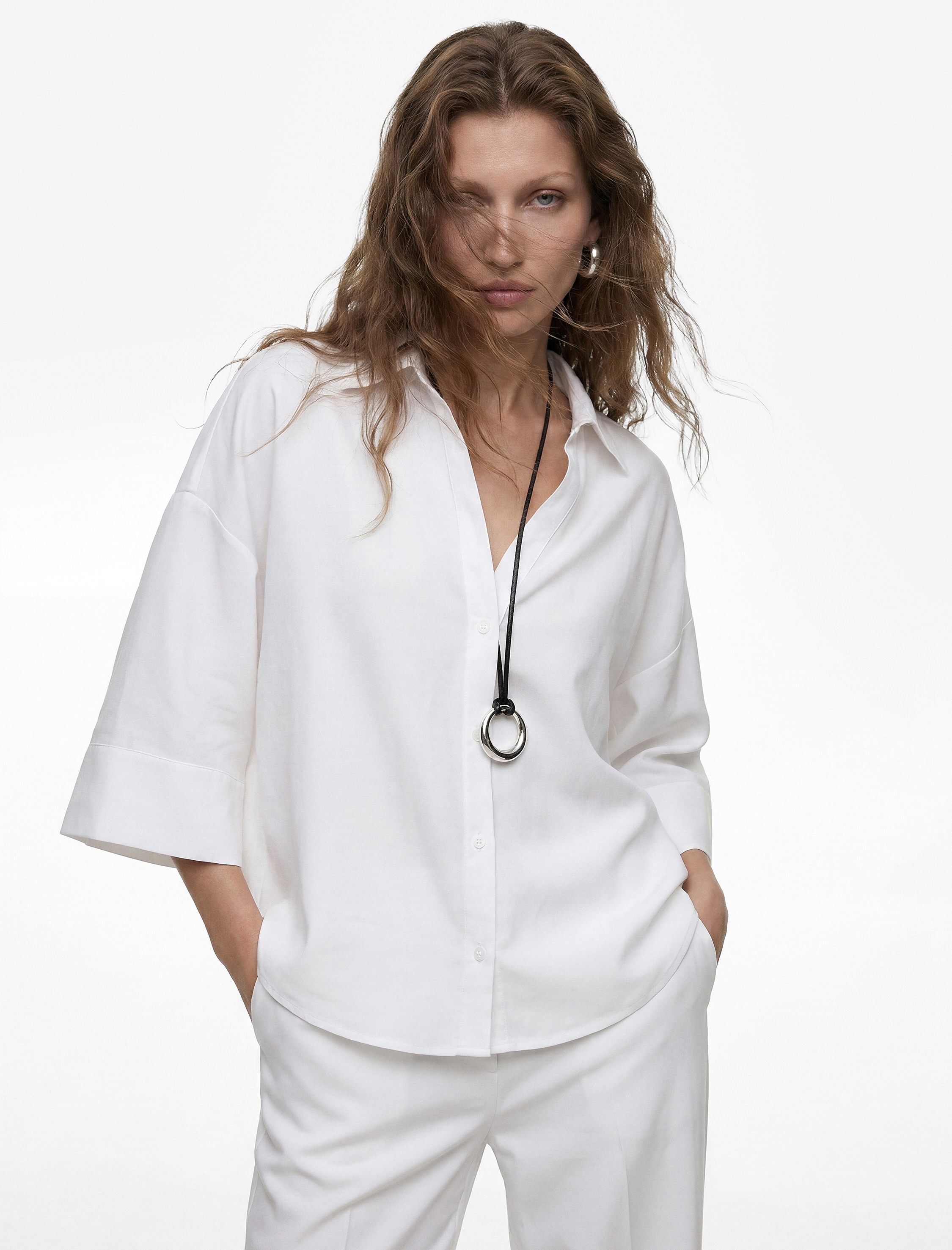   Oversize Klasik Yaka 3/4 Kollu Keten Karışımlı Gömlek