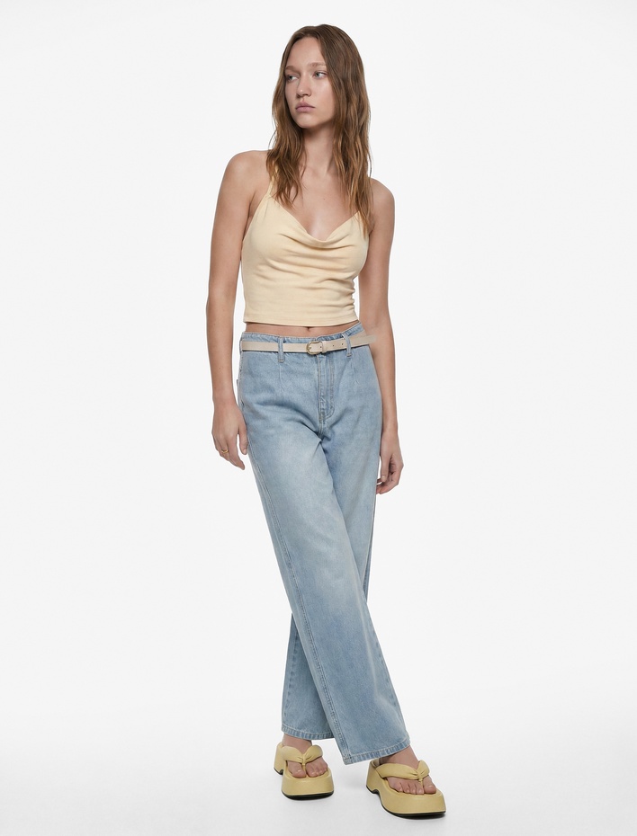  Yüksek Bel Pamuklu Kemerli Kısa Geniş Paça Denim Pantolon - Wide Leg Jean