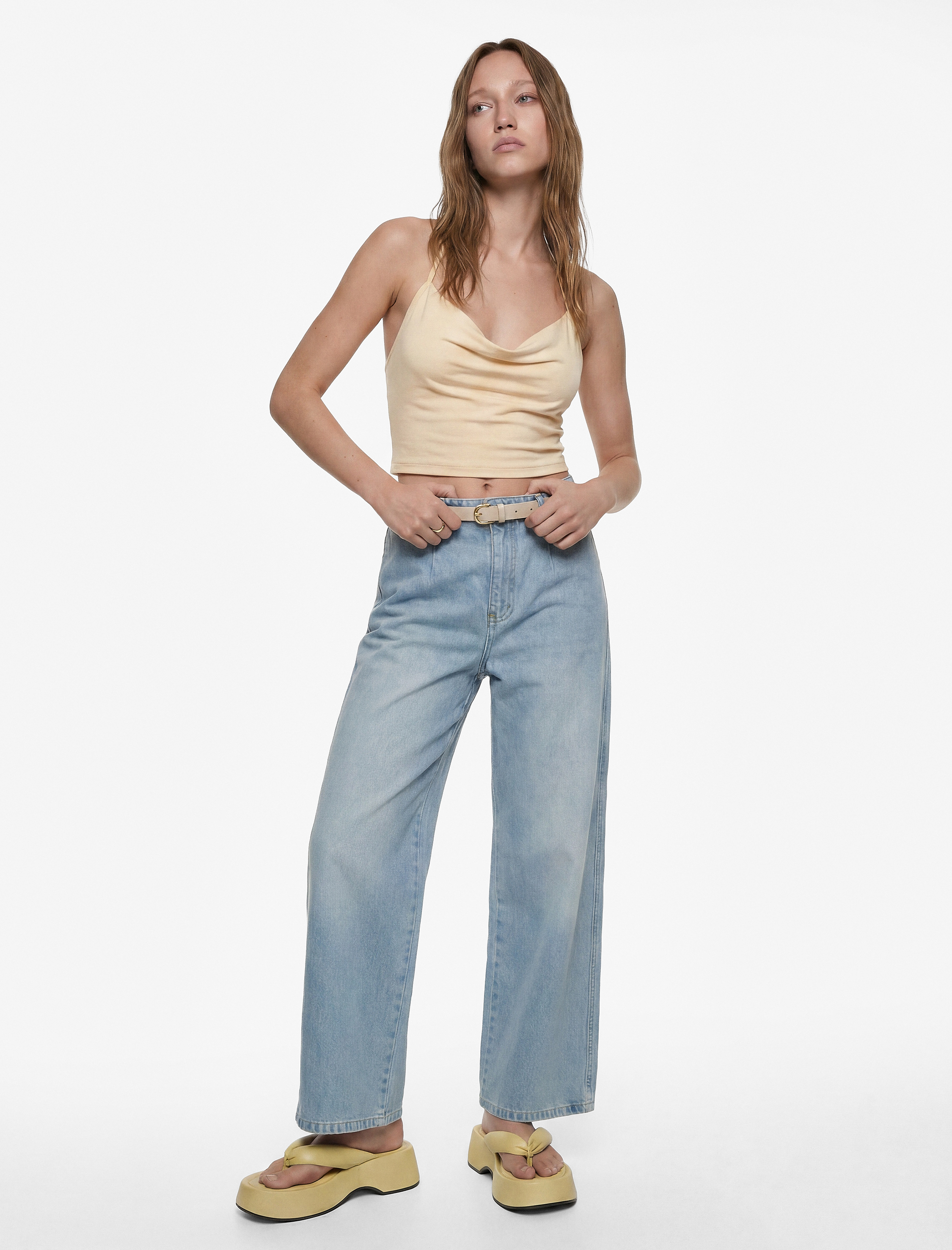   Yüksek Bel Pamuklu Kemerli Kısa Geniş Paça Denim Pantolon - Wide Leg Jean