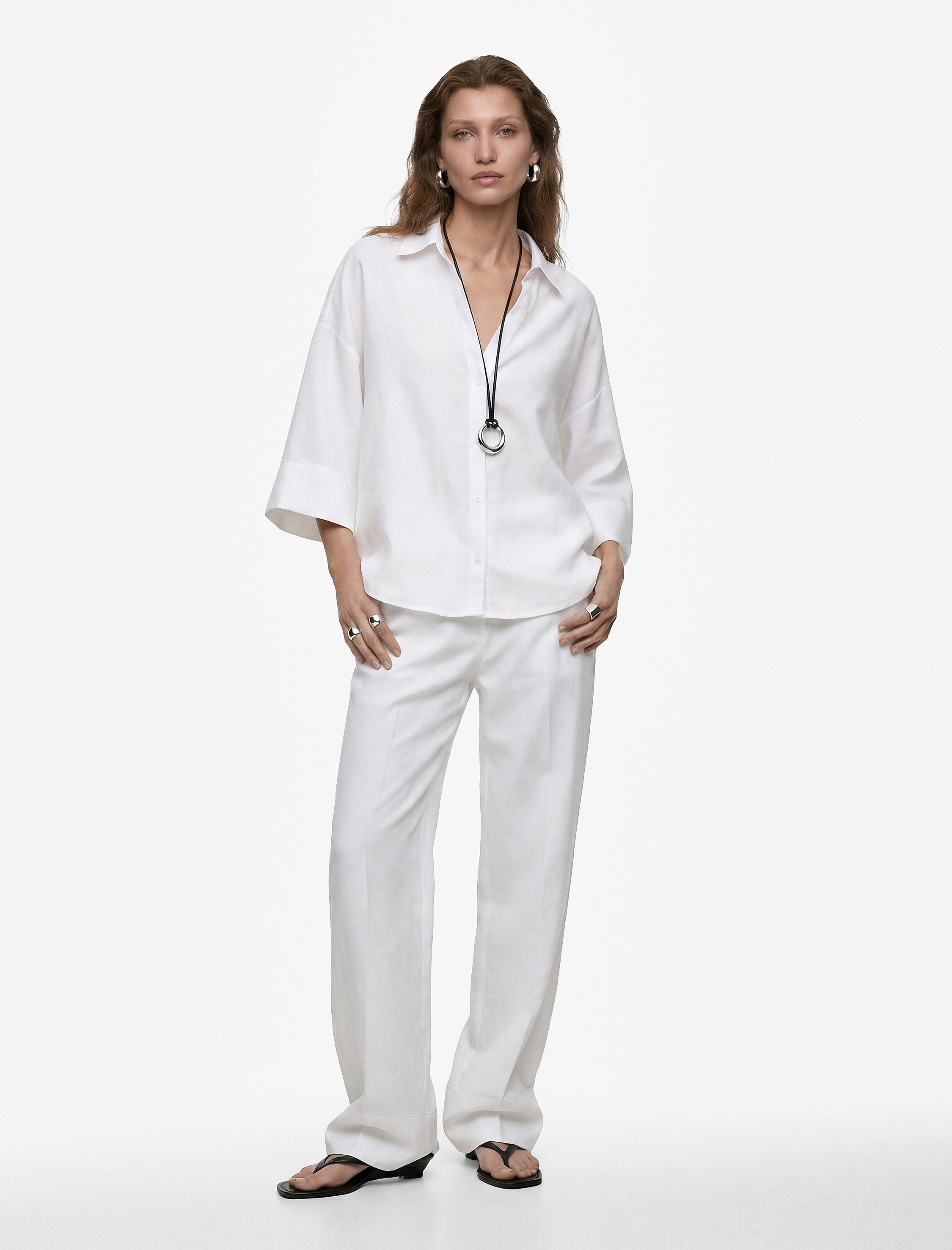   Oversize Klasik Yaka 3/4 Kollu Keten Karışımlı Gömlek