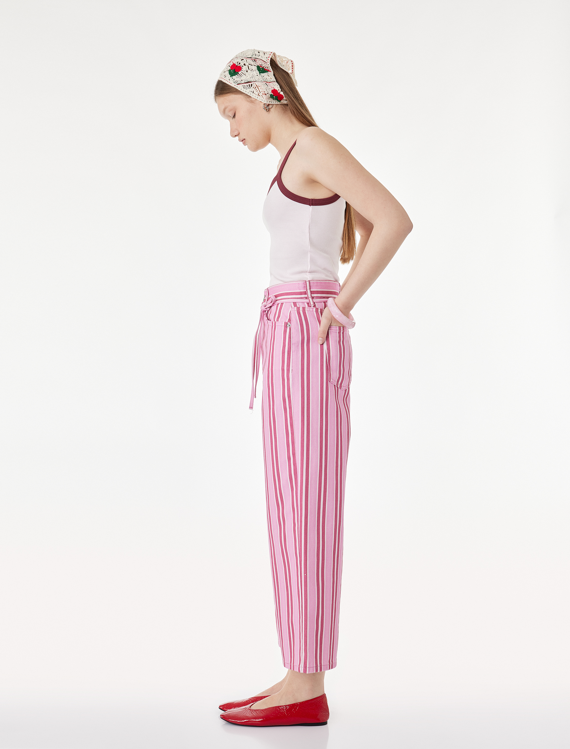   Pamuklu Beli Bağcıklı Çizgili Kısa Geniş Paça Pantolon -  Crop Wide Leg Jeans