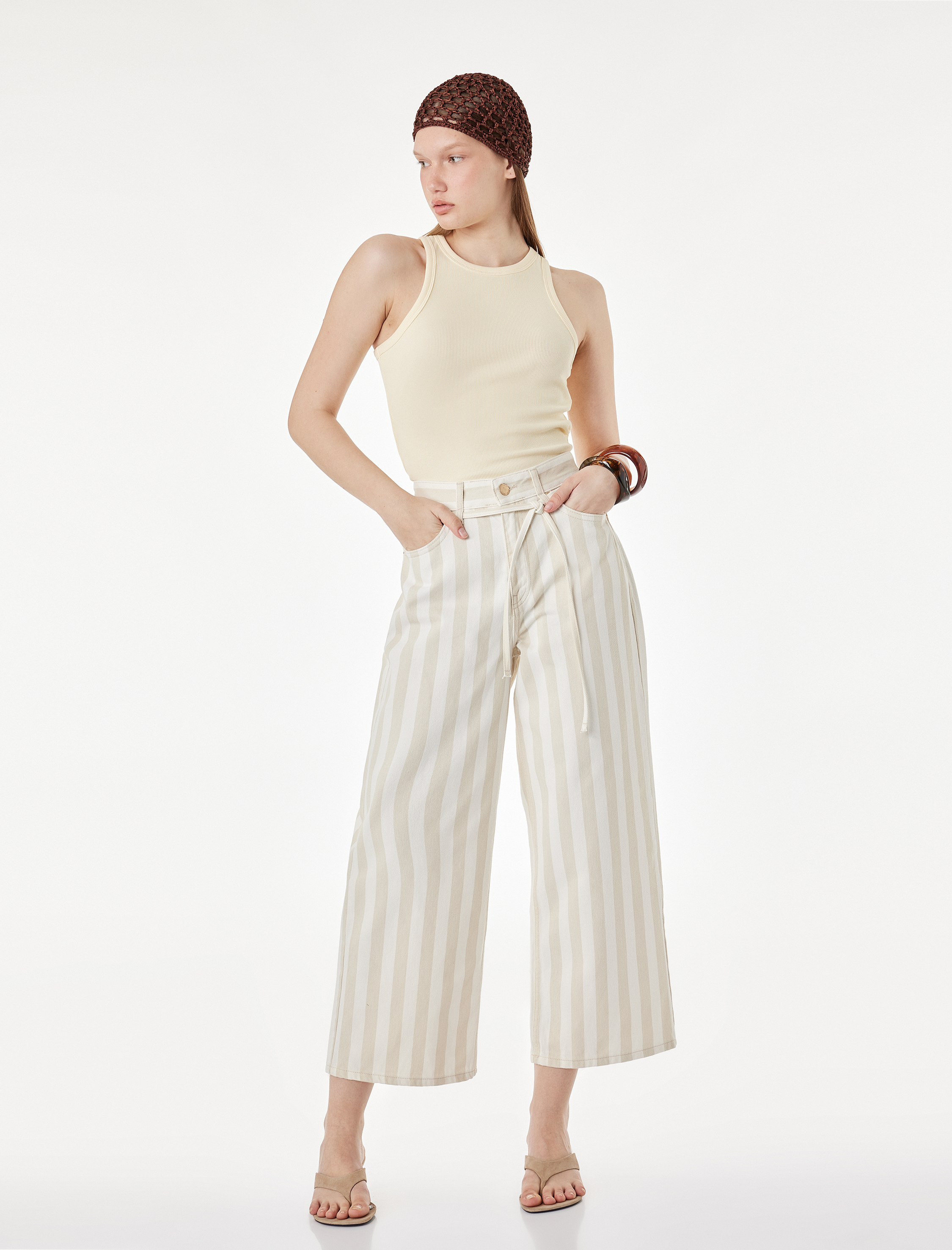   Pamuklu Beli Bağcıklı Çizgili Kısa Geniş Paça Pantolon -  Crop Wide Leg Jeans