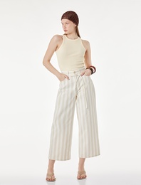 Pamuklu Beli Bağcıklı Çizgili Kısa Geniş Paça Pantolon -  Crop Wide Leg Jeans
