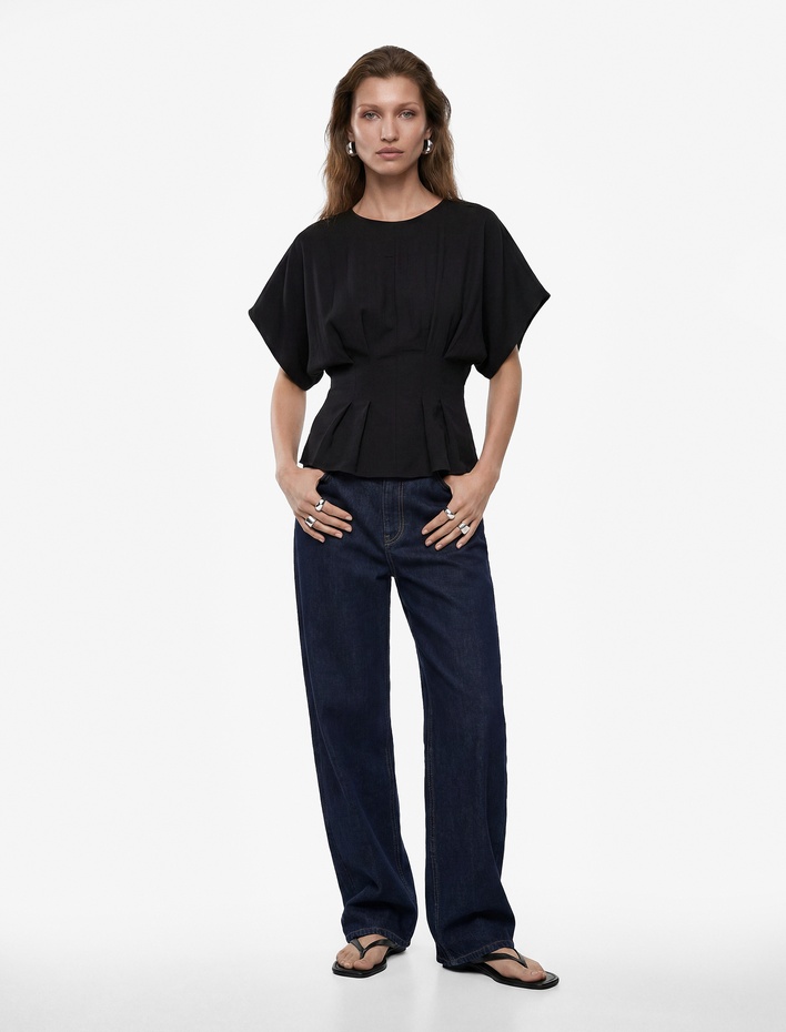  Viskon Kumaş Slim Fit Bisiklet Yaka Kısa Kollu Belden Oturtmalı Pileli Bluz