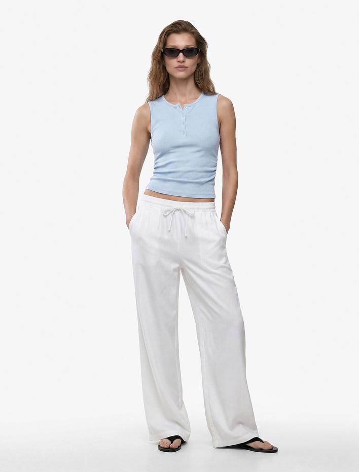  Ribanalı Düğmeli Yuvarlak Henley Yaka Fitilli Atlet