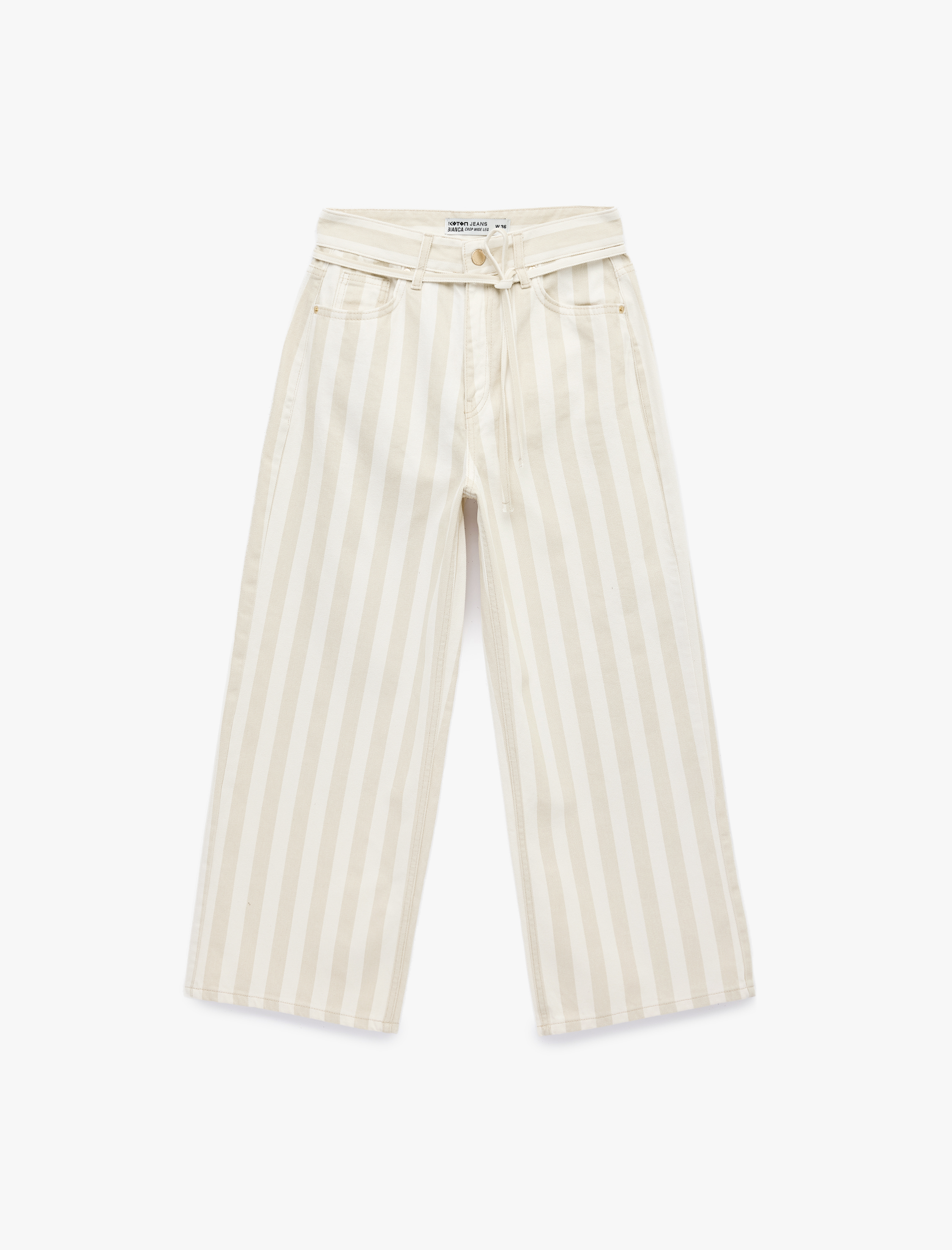   Pamuklu Beli Bağcıklı Çizgili Kısa Geniş Paça Pantolon -  Crop Wide Leg Jeans