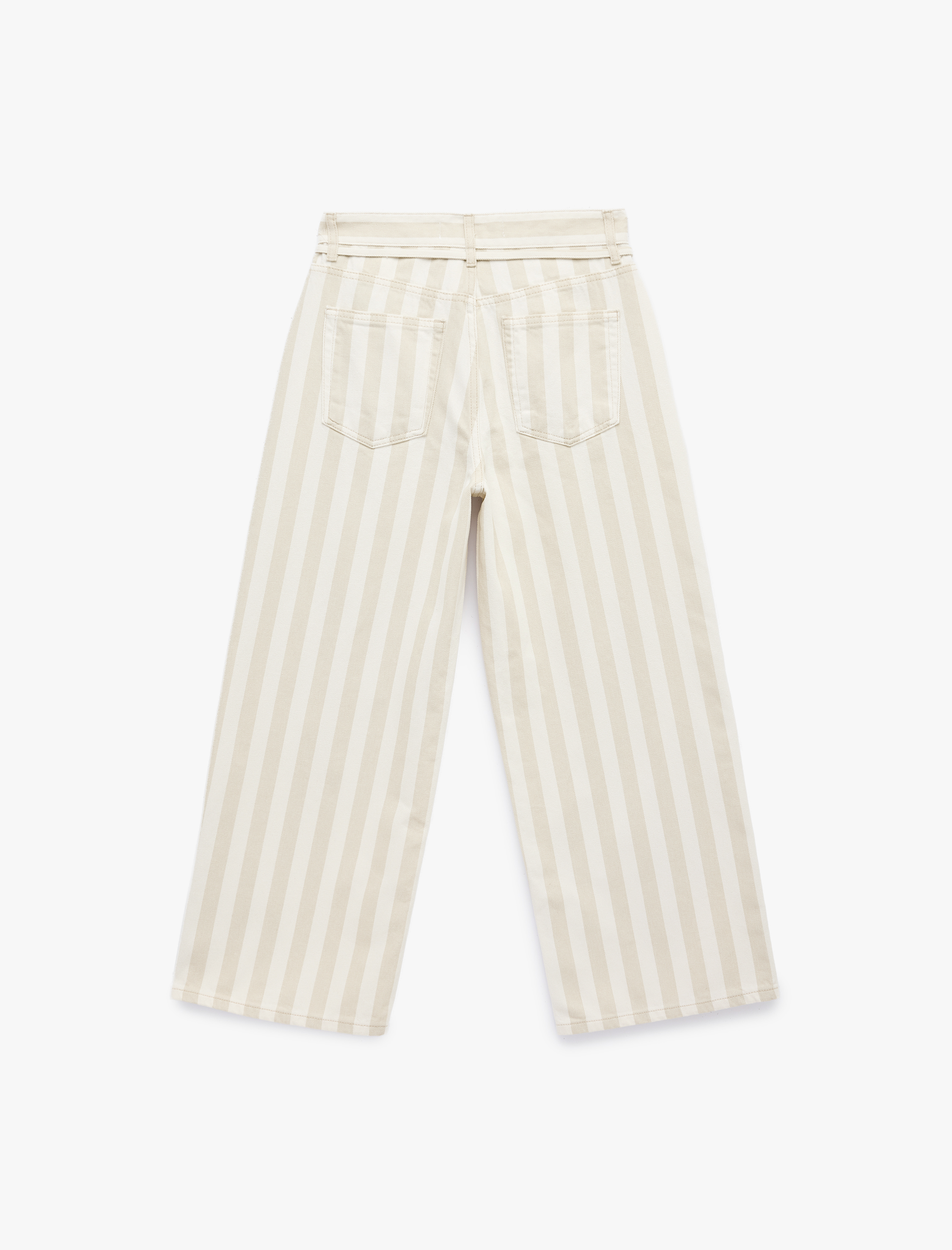   Pamuklu Beli Bağcıklı Çizgili Kısa Geniş Paça Pantolon -  Crop Wide Leg Jeans