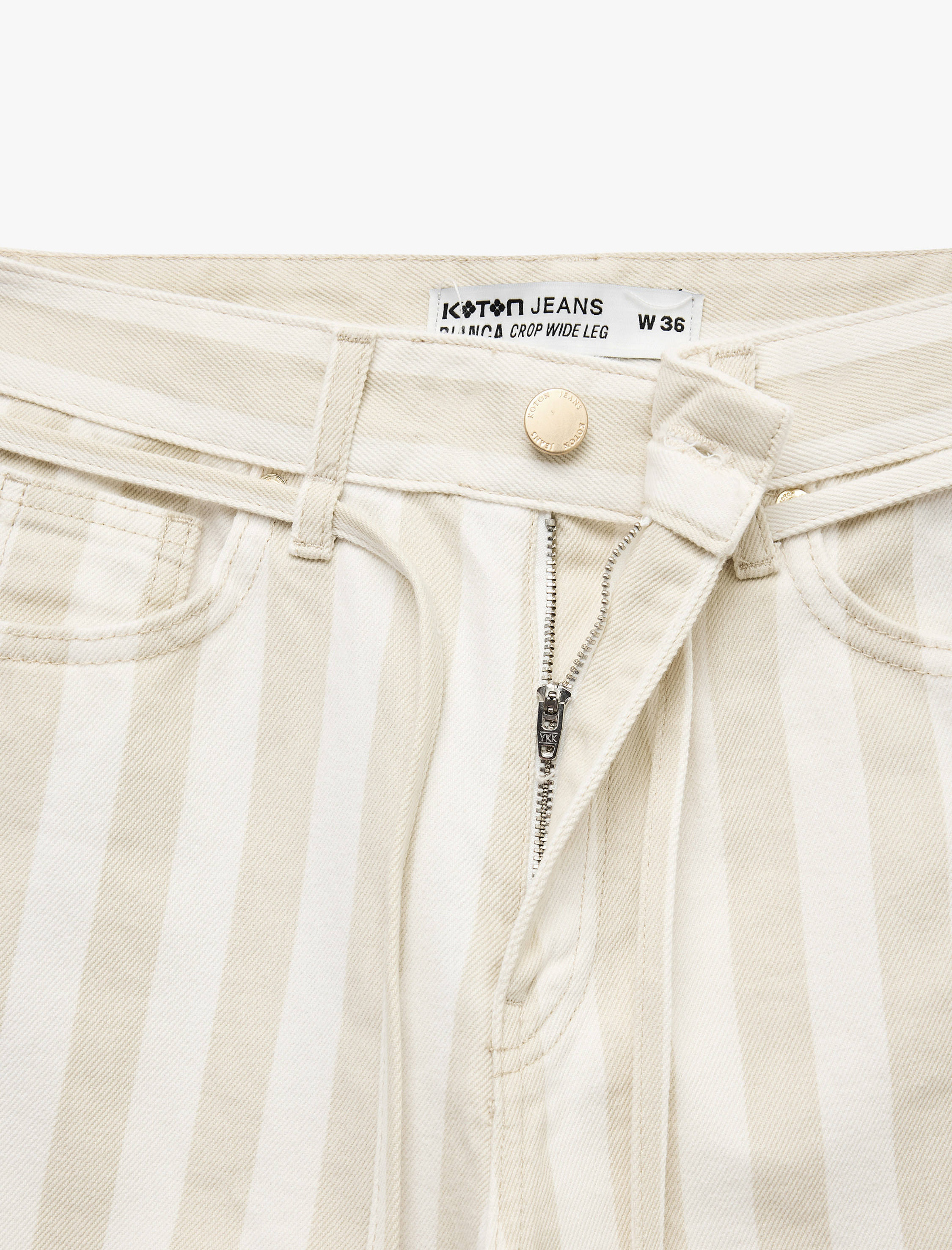   Pamuklu Beli Bağcıklı Çizgili Kısa Geniş Paça Pantolon -  Crop Wide Leg Jeans