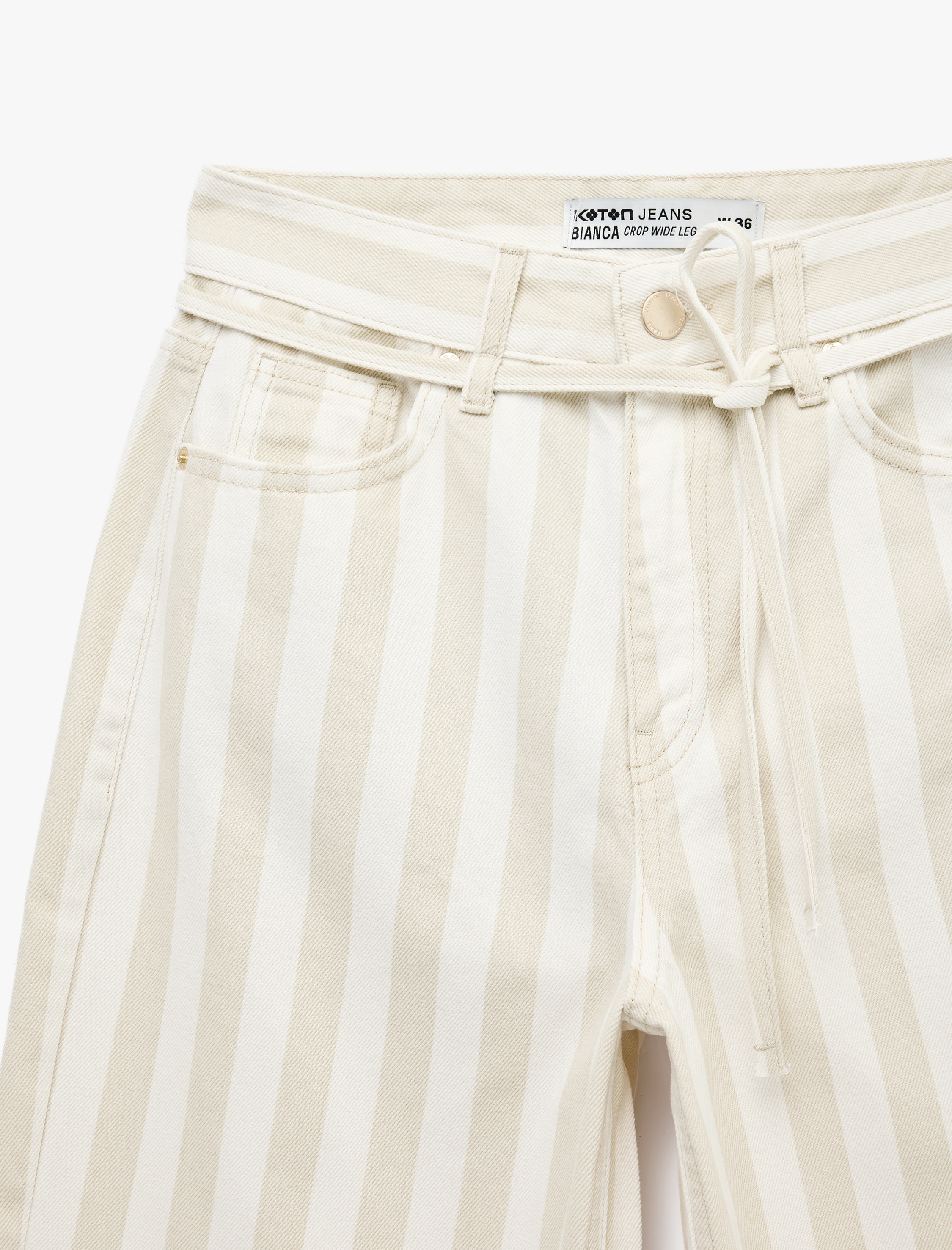   Pamuklu Beli Bağcıklı Çizgili Kısa Geniş Paça Pantolon -  Crop Wide Leg Jeans