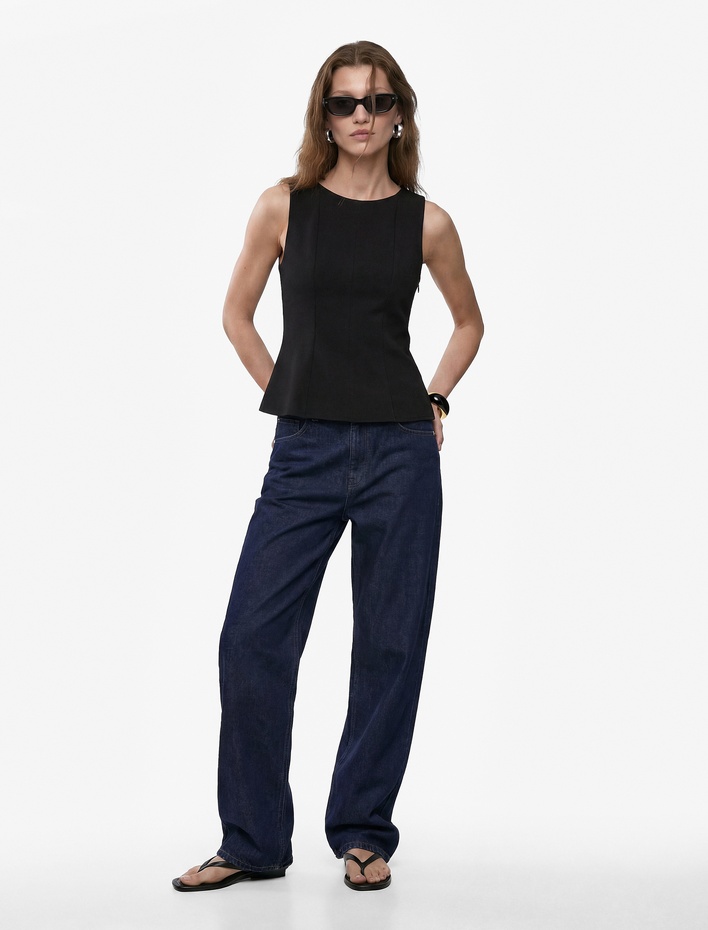  Slim Fit Kolsuz Bisiklet Yaka Peplum Bluz