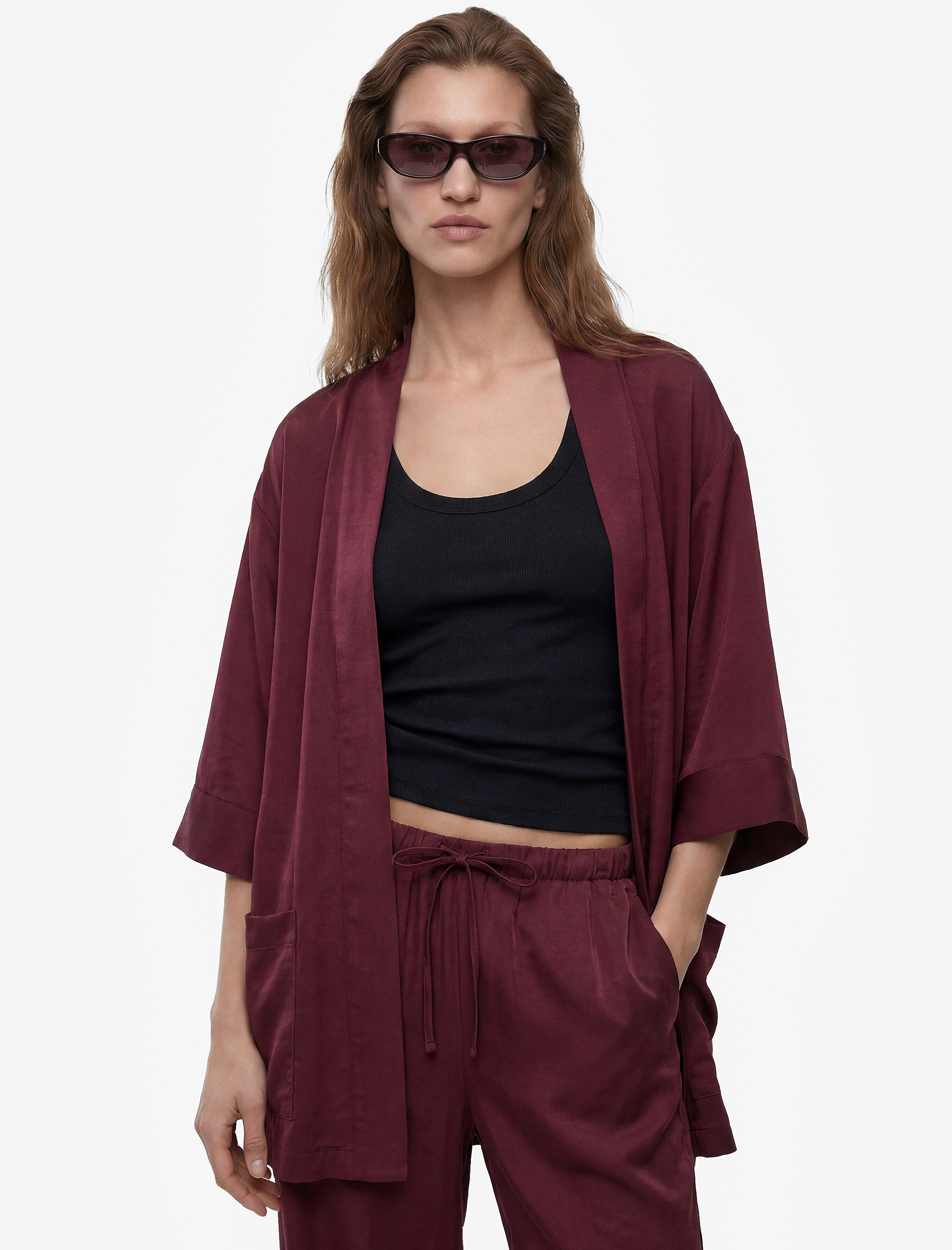   Modal Kumaş Şal Yaka Cepli Uzun Kollu Kimono Ceket