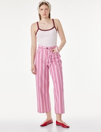 Pamuklu Beli Bağcıklı Çizgili Kısa Geniş Paça Pantolon -  Crop Wide Leg Jeans