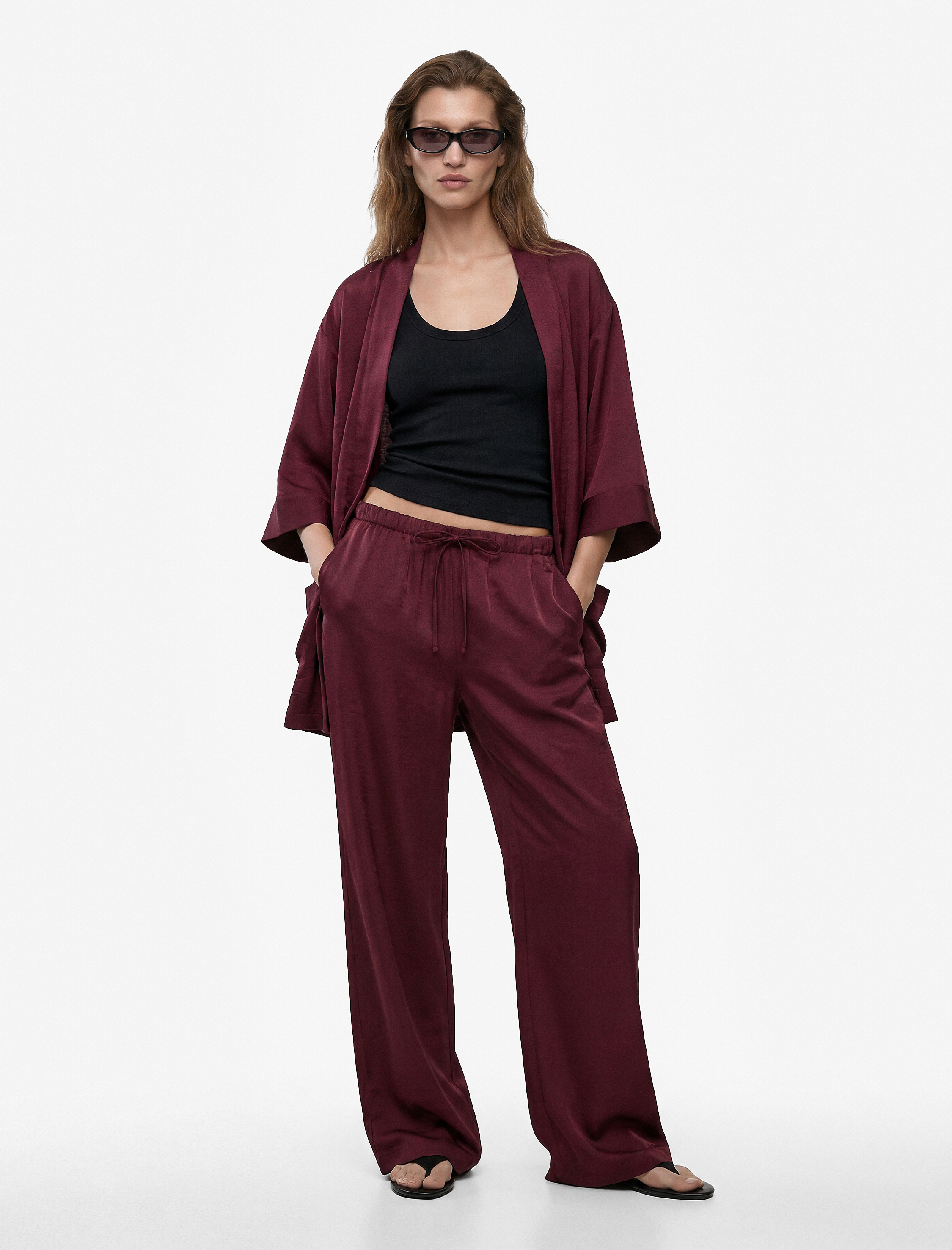   Modal Kumaş Şal Yaka Cepli Uzun Kollu Kimono Ceket