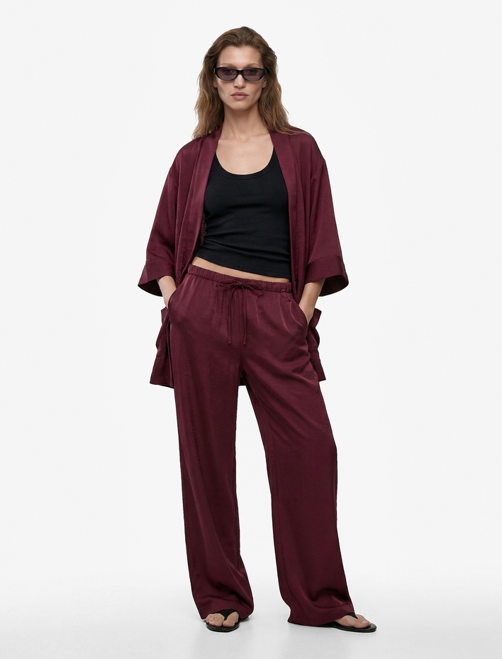  Modal Kumaş Şal Yaka Cepli Uzun Kollu Kimono Ceket