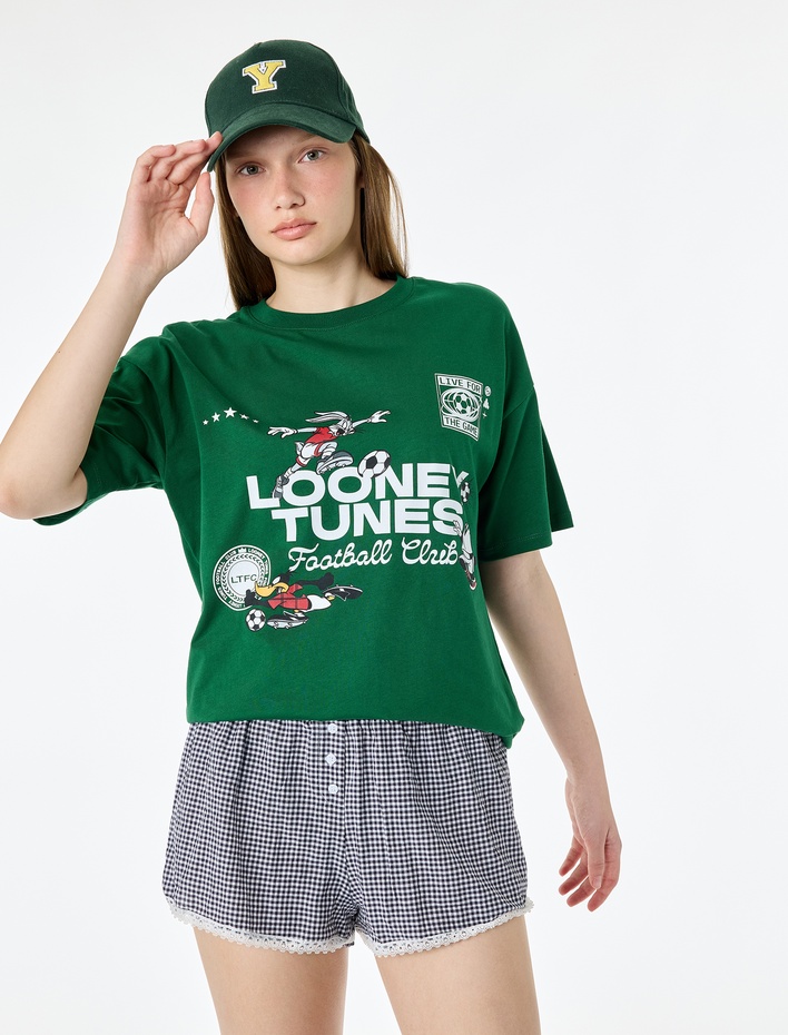  Looney Tunes Lisanslı Futbol Temalı Baskılı Bisiklet Yaka Kısa Kollu Tişört