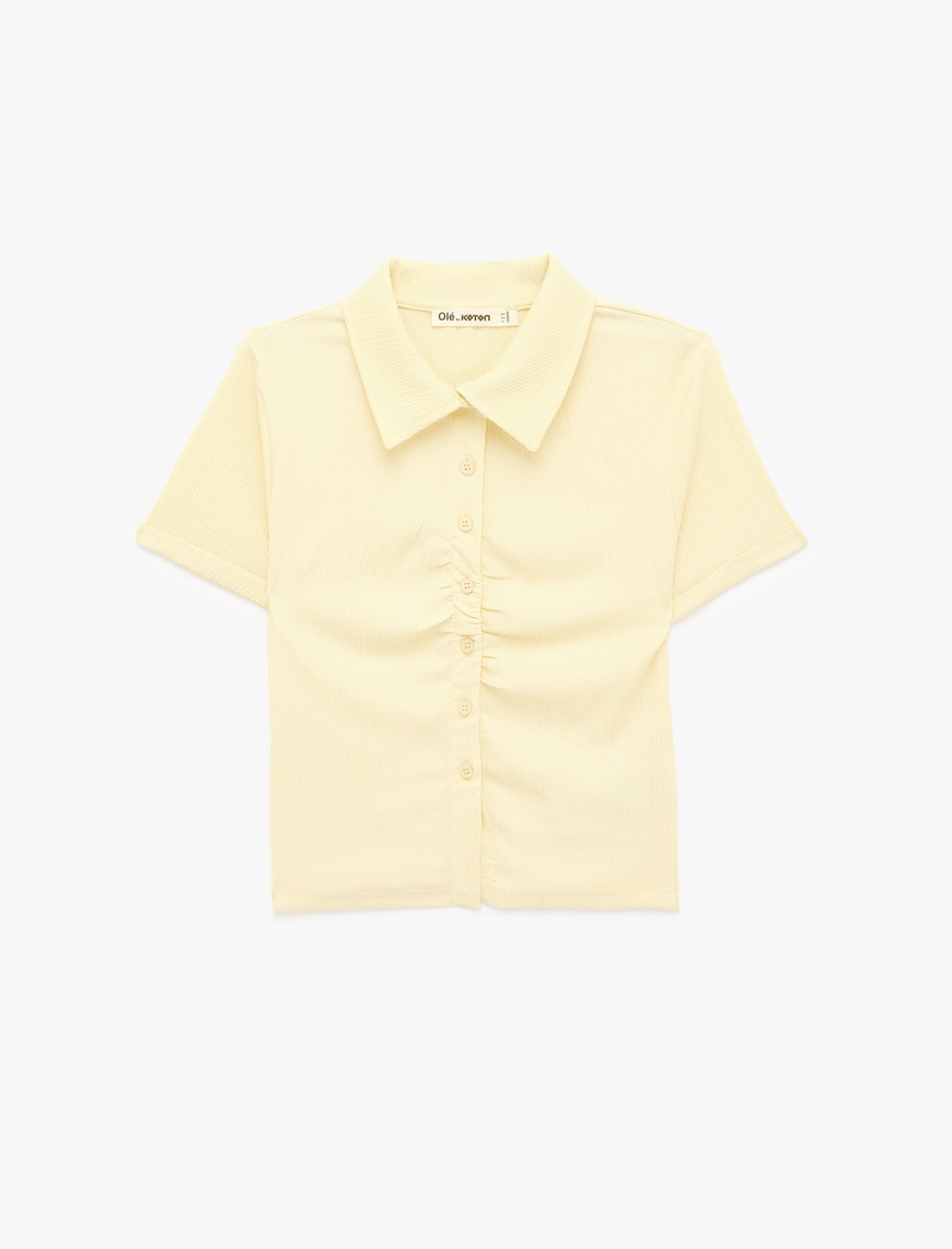 ♡She♡ Sarı Bürümcük Kumaş Düğmeli Klasik Yaka Kısa Kollu Crop Tişört