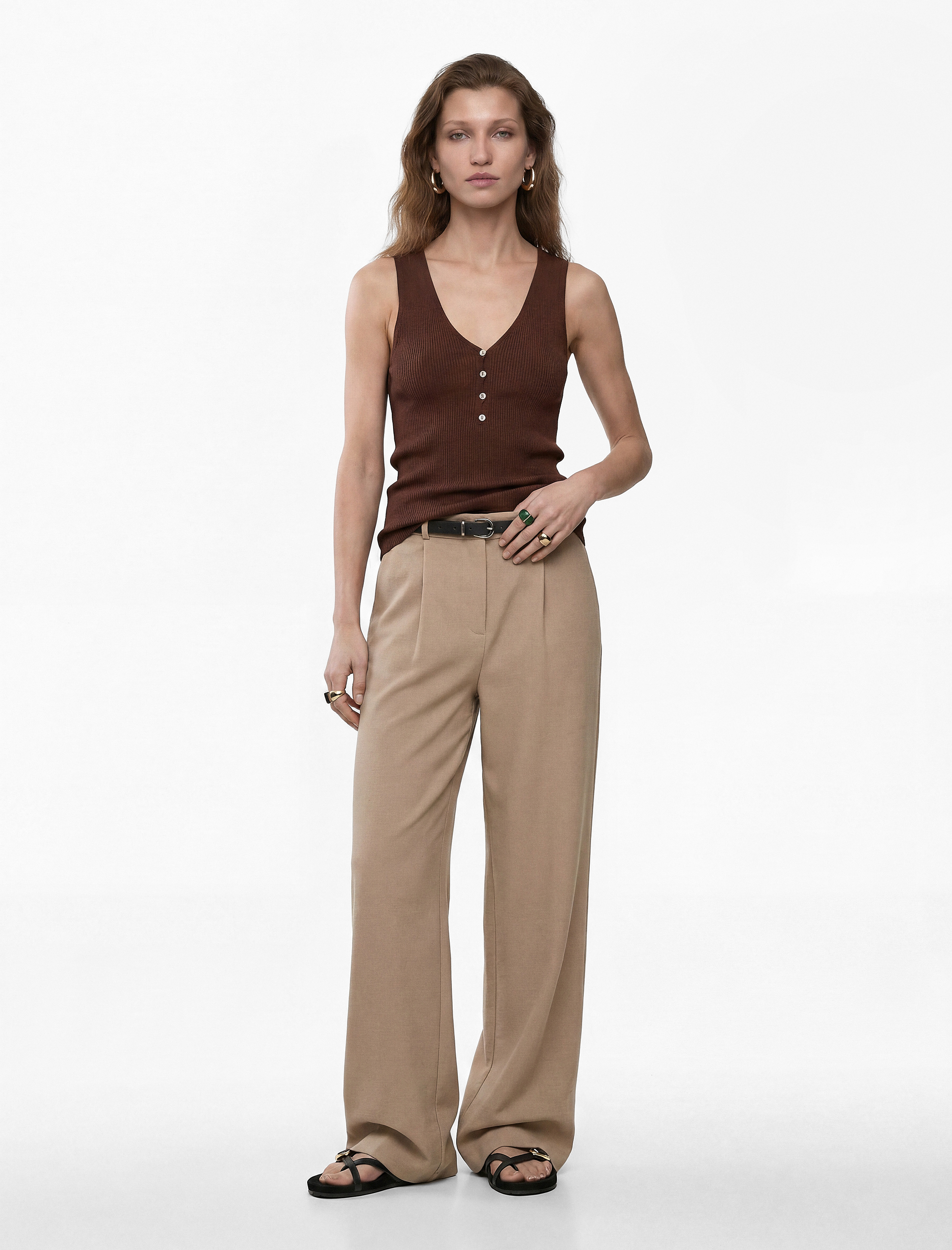   Keten Görünümlü Straight Fit Cepli Kemerli Geniş Paça Palazzo Pantolon