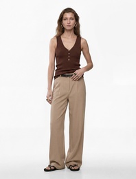 Keten Görünümlü Straight Fit Cepli Kemerli Geniş Paça Palazzo Pantolon