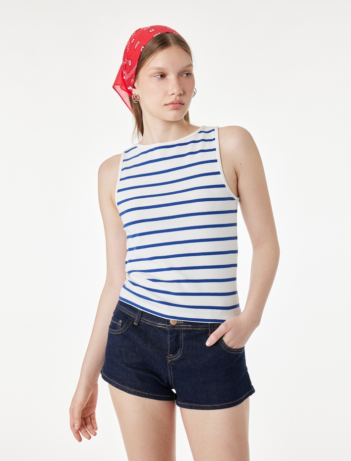  Pamuklu Çizgili Slim Fit Kayık Yaka Kolsuz Bluz