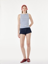 Pamuklu Çizgili Slim Fit Kayık Yaka Kolsuz Bluz