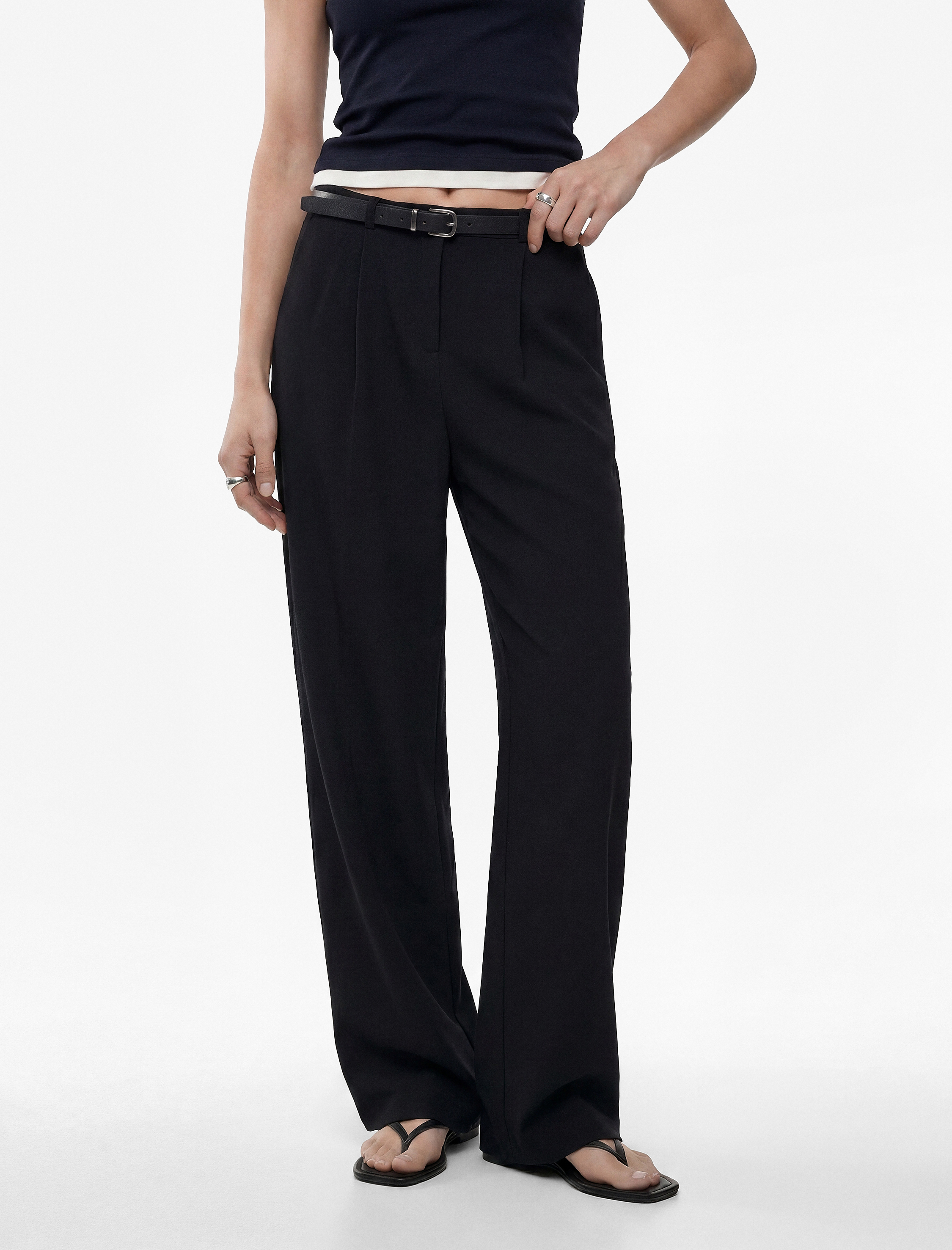   Keten Görünümlü Straight Fit Cepli Kemerli Geniş Paça Palazzo Pantolon