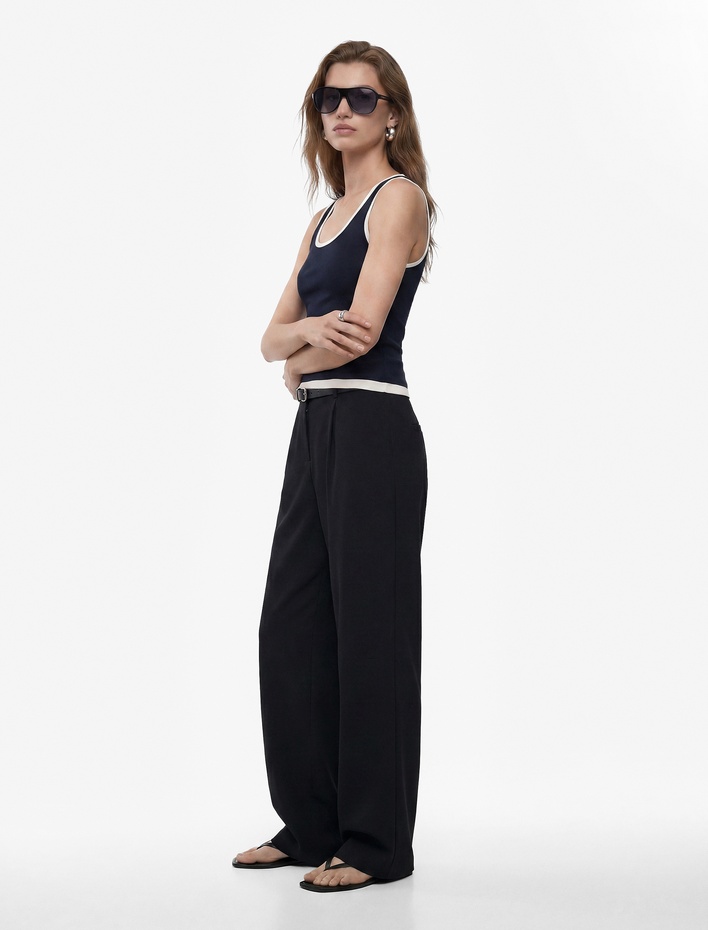  Keten Görünümlü Straight Fit Cepli Kemerli Geniş Paça Palazzo Pantolon