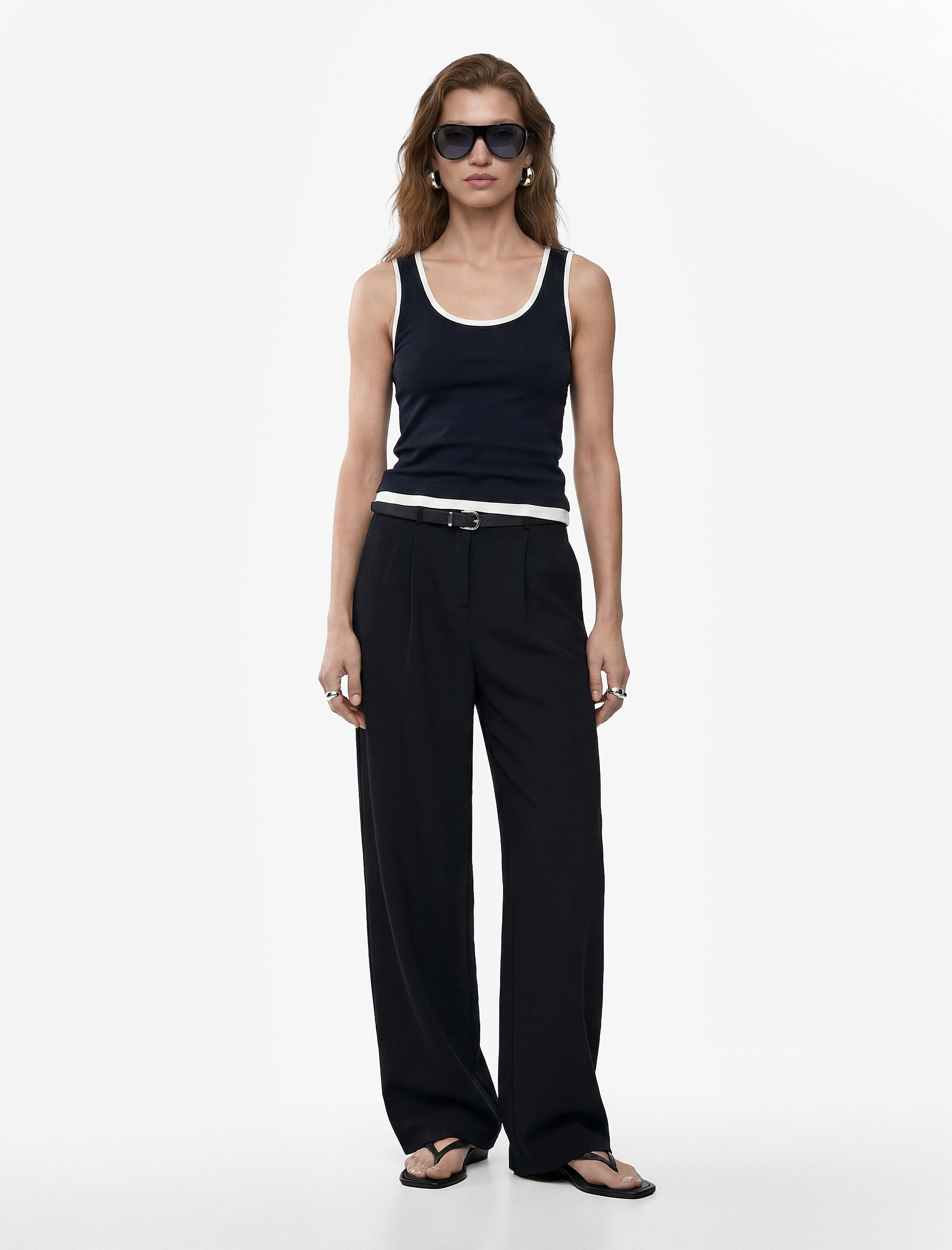   Keten Görünümlü Straight Fit Cepli Kemerli Geniş Paça Palazzo Pantolon