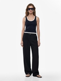 Keten Görünümlü Straight Fit Cepli Kemerli Geniş Paça Palazzo Pantolon