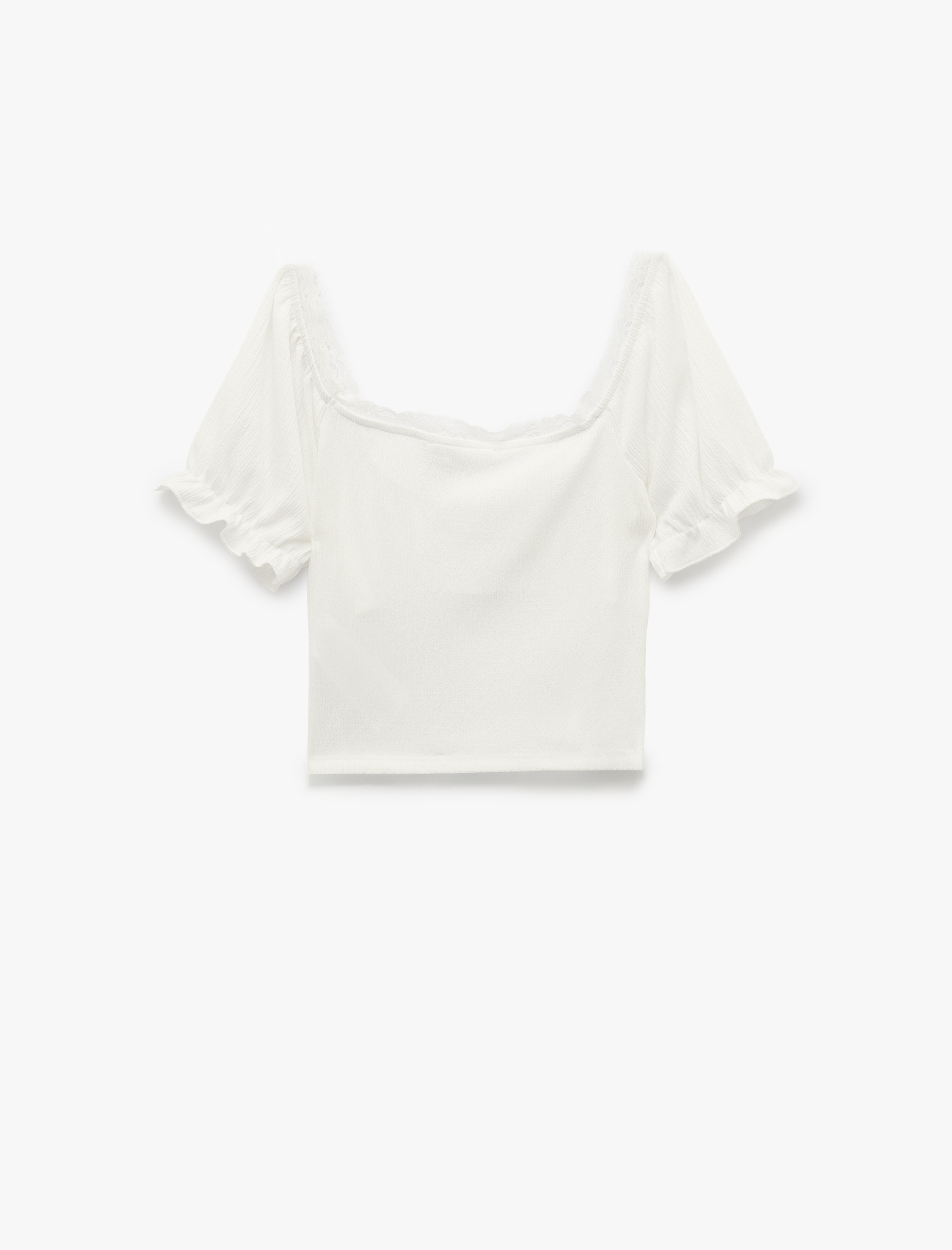   Dantel Detaylı U Yaka Kısa Balon Kollu Crop Bluz