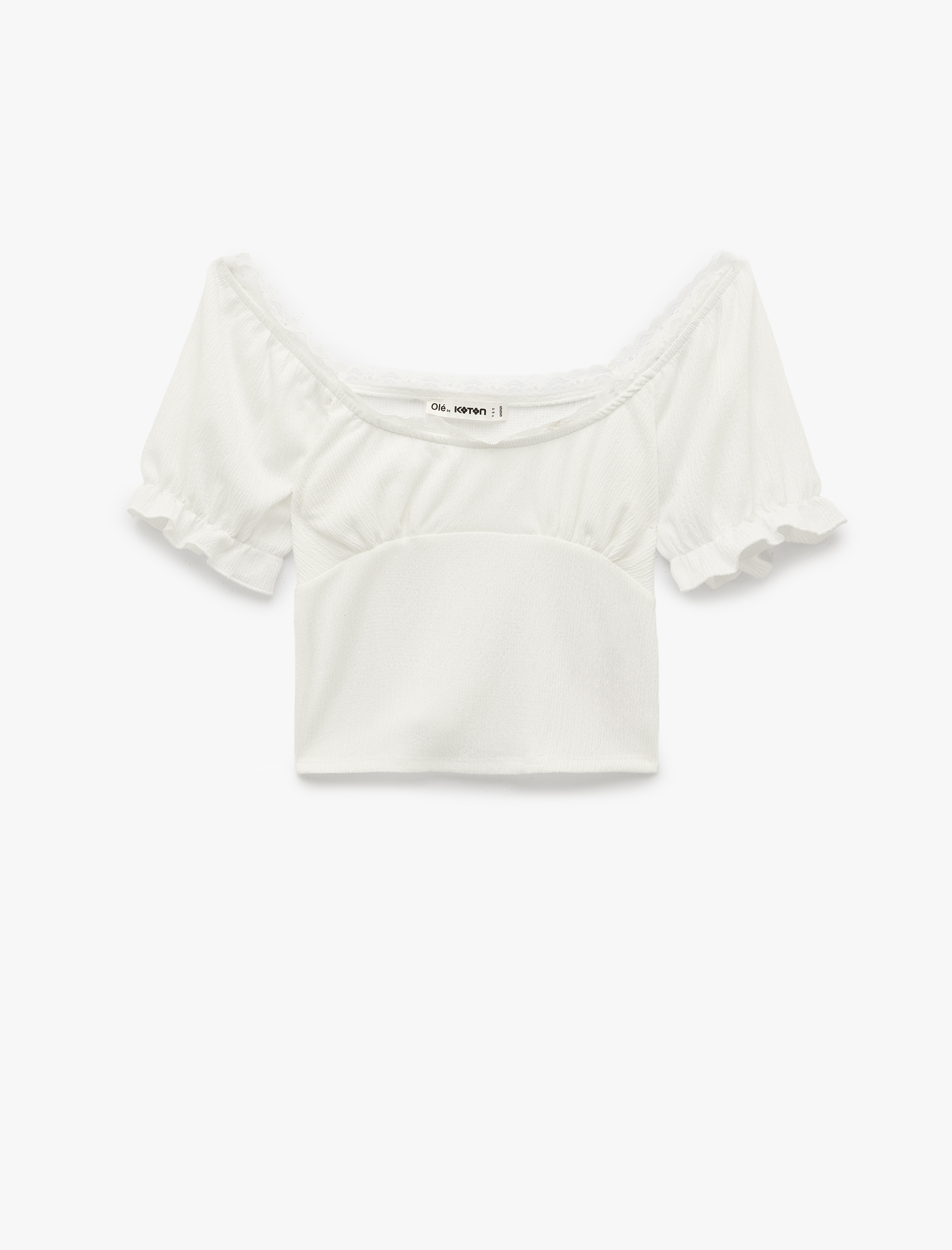   Dantel Detaylı U Yaka Kısa Balon Kollu Crop Bluz