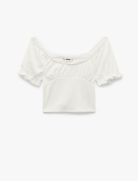 Dantel Detaylı U Yaka Kısa Balon Kollu Crop Bluz