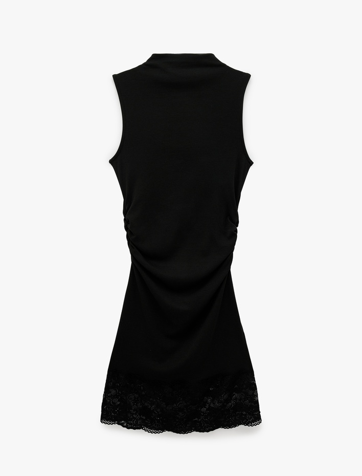  Modal Karışımlı Slim Fit Dik Yaka Kolsuz Mini Dantelli Elbise