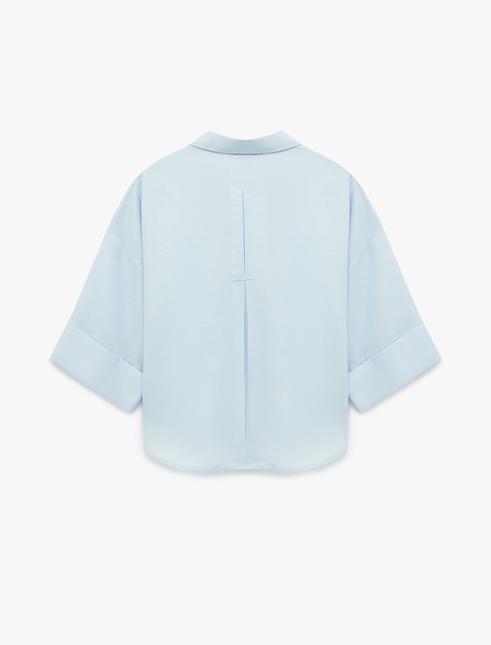  Oversize Klasik Yaka 3/4 Kollu Keten Karışımlı Gömlek