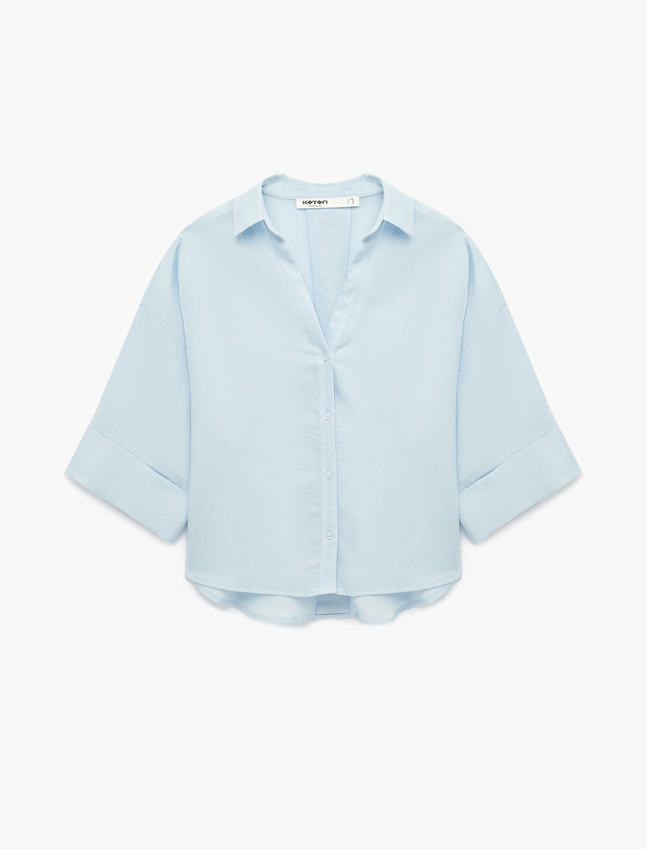   Oversize Klasik Yaka 3/4 Kollu Keten Karışımlı Gömlek