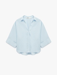 Oversize Klasik Yaka 3/4 Kollu Keten Karışımlı Gömlek