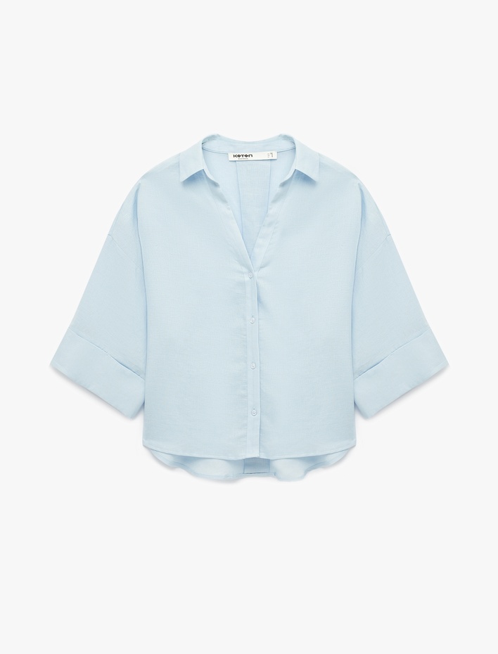  Oversize Klasik Yaka 3/4 Kollu Keten Karışımlı Gömlek