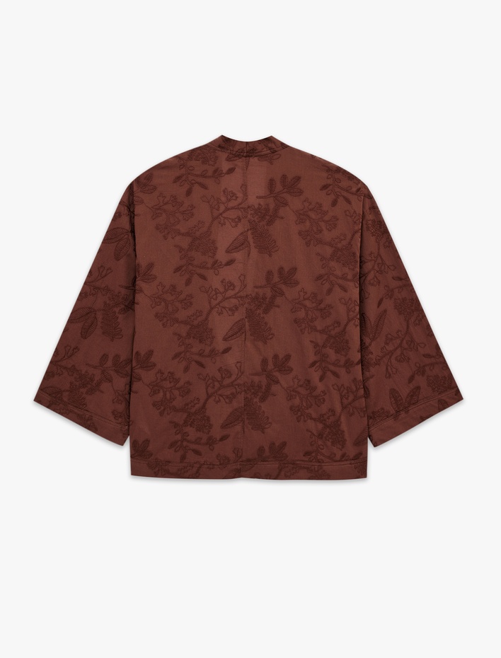  Pamuklu V Yaka 3/4 Kol Nakışlı Kimono