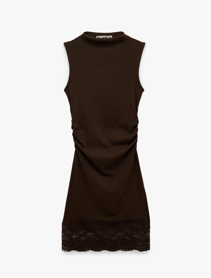  Modal Karışımlı Slim Fit Dik Yaka Kolsuz Mini Dantelli Elbise