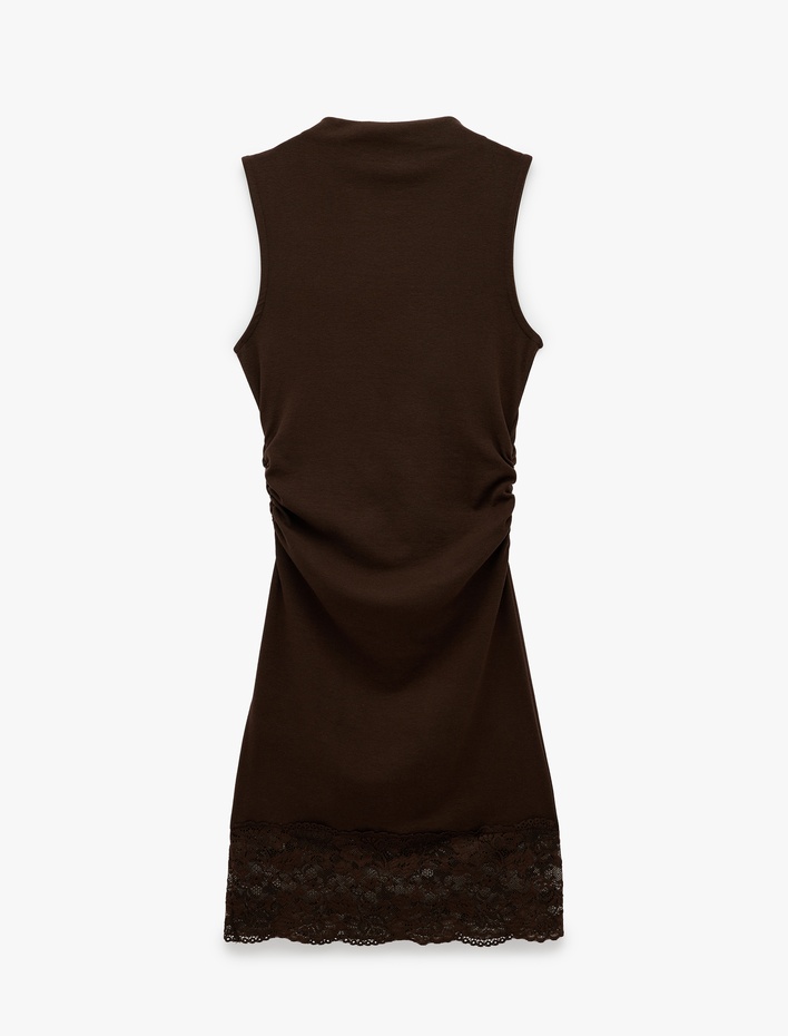  Modal Karışımlı Slim Fit Dik Yaka Kolsuz Mini Dantelli Elbise
