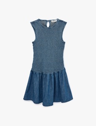 Pamuklu Kolsuz Bisiklet Yaka Gipeli Mini Denim Elbise