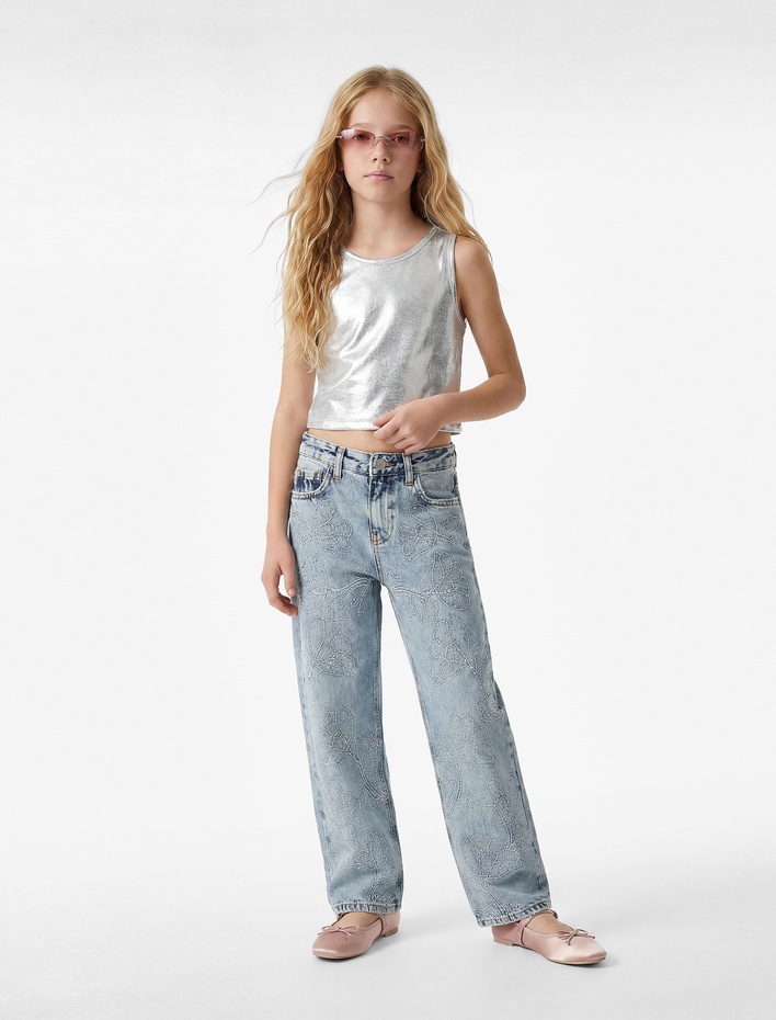 Kız Çocuk Çiçek İşlemeli Bol Kesim Denim Pantolon