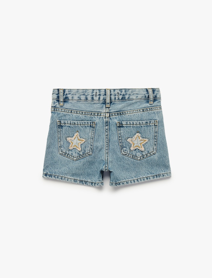 Kız Çocuk Yıldız Detaylı Cepli Pamuklu Denim Şort