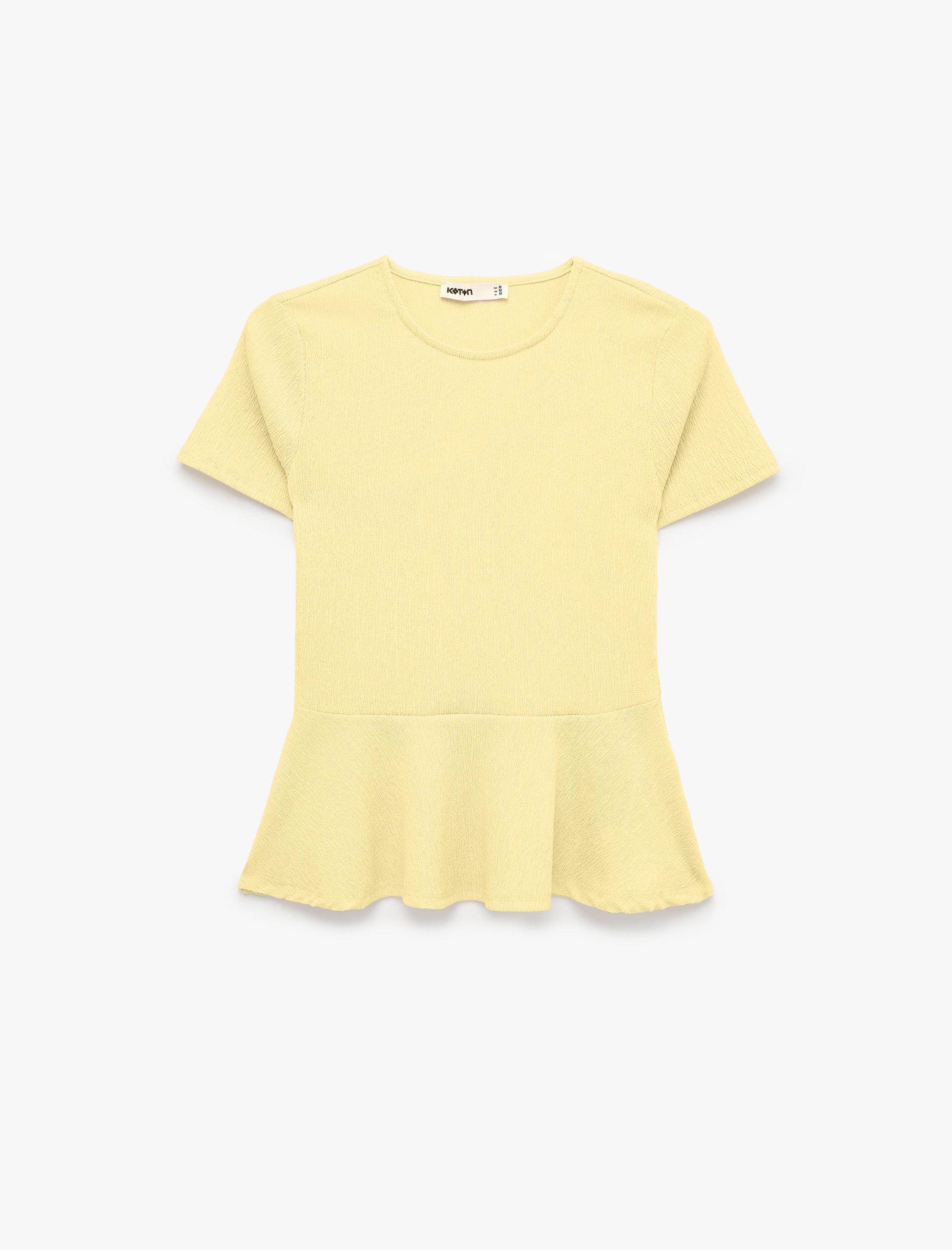   Bürümcük Kumaş Slim Fit Kısa Kollu Bisiklet Yaka Volanlı Peplum Kesim Tişört