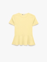 Bürümcük Kumaş Slim Fit Kısa Kollu Bisiklet Yaka Volanlı Peplum Kesim Tişört