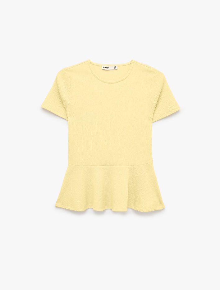  Bürümcük Kumaş Slim Fit Kısa Kollu Bisiklet Yaka Volanlı Peplum Kesim Tişört