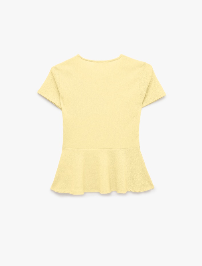  Bürümcük Kumaş Slim Fit Kısa Kollu Bisiklet Yaka Volanlı Peplum Kesim Tişört