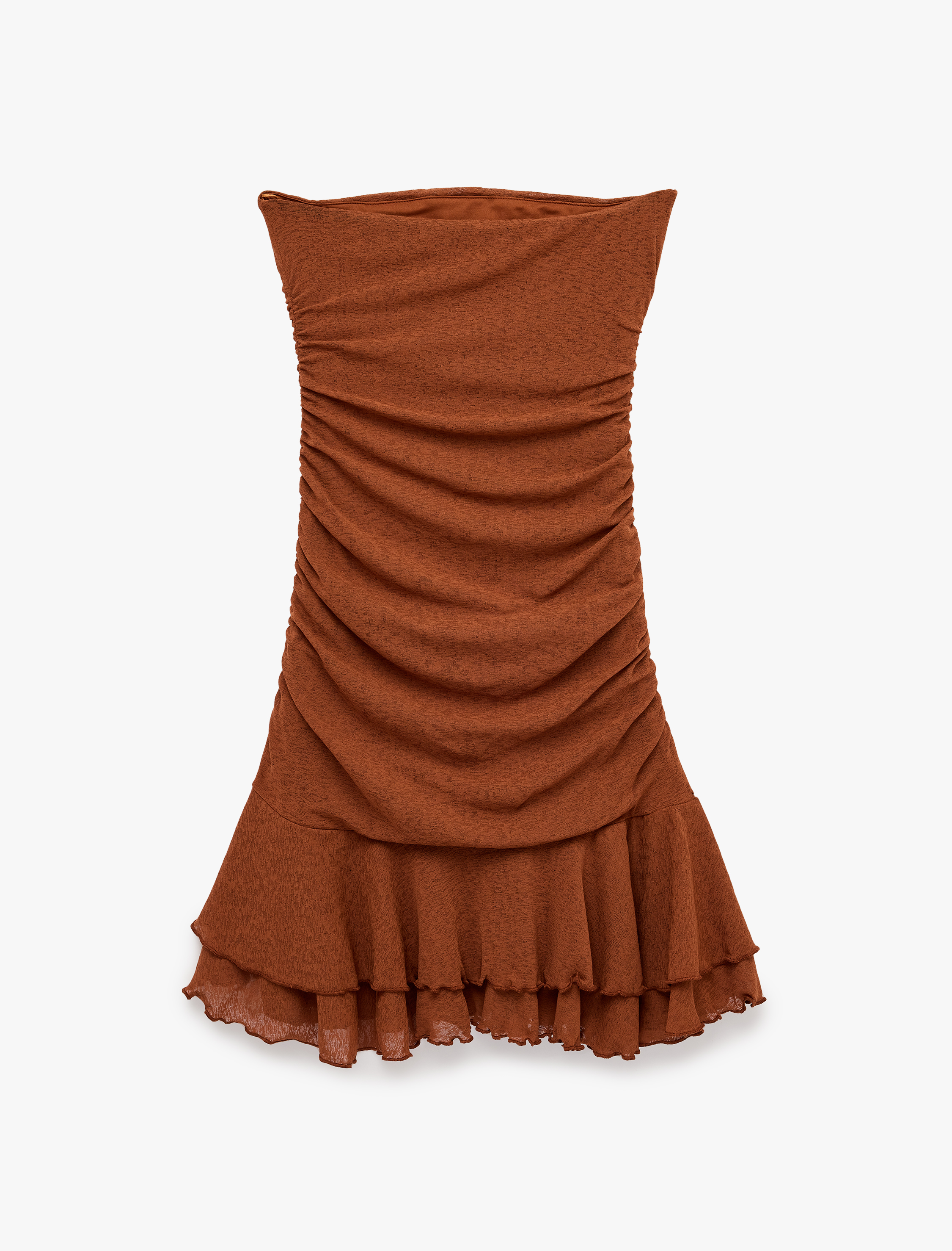   Slim Fit Drapeli Fırfırlı Straplez Mini Elbise
