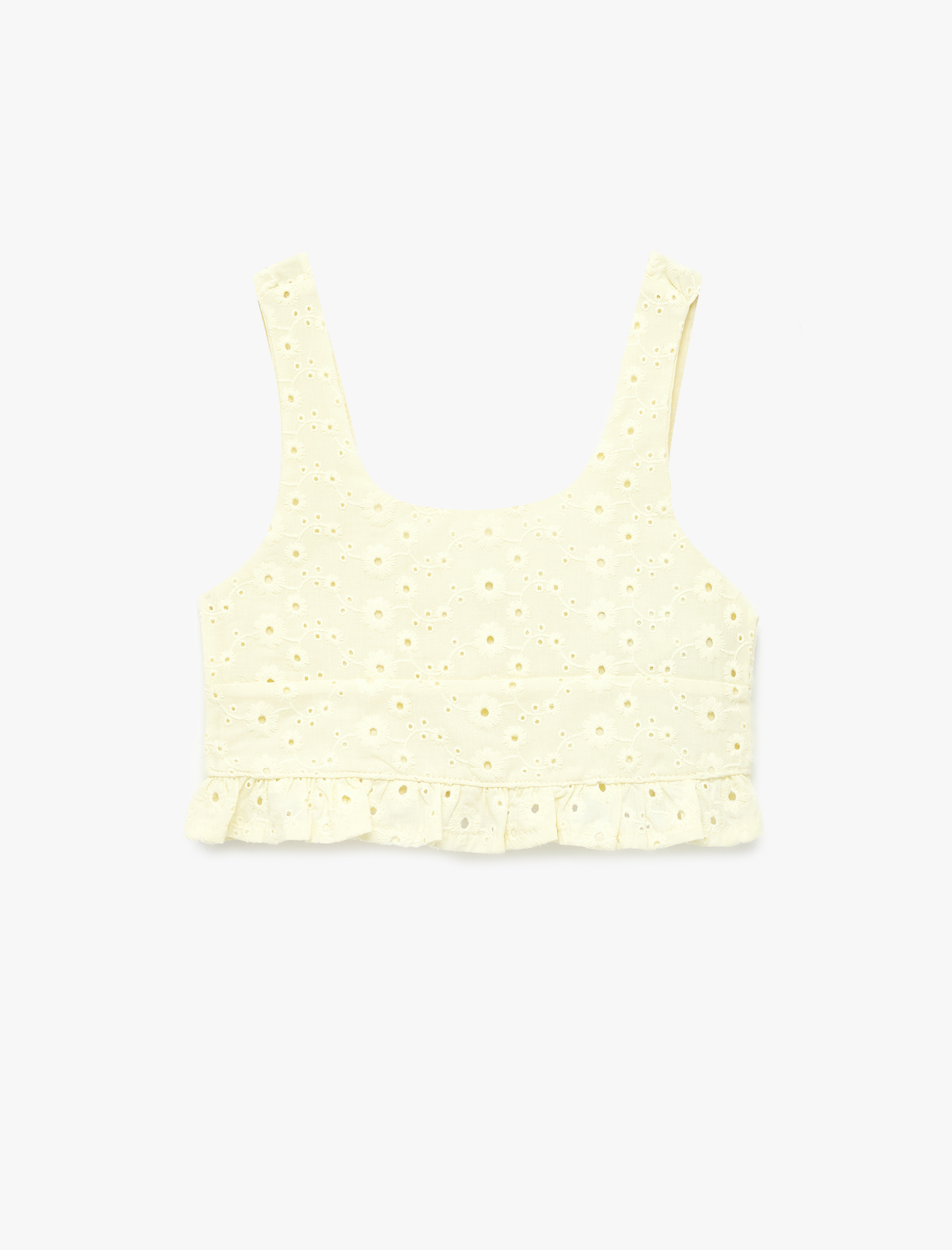 Kız Çocuk Pamuklu Yuvarlak Yaka Askılı Brodeli Crop Bluz