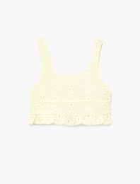 Pamuklu Yuvarlak Yaka Askılı Brodeli Crop Bluz