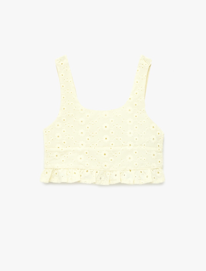 Kız Çocuk Pamuklu Yuvarlak Yaka Askılı Brodeli Crop Bluz